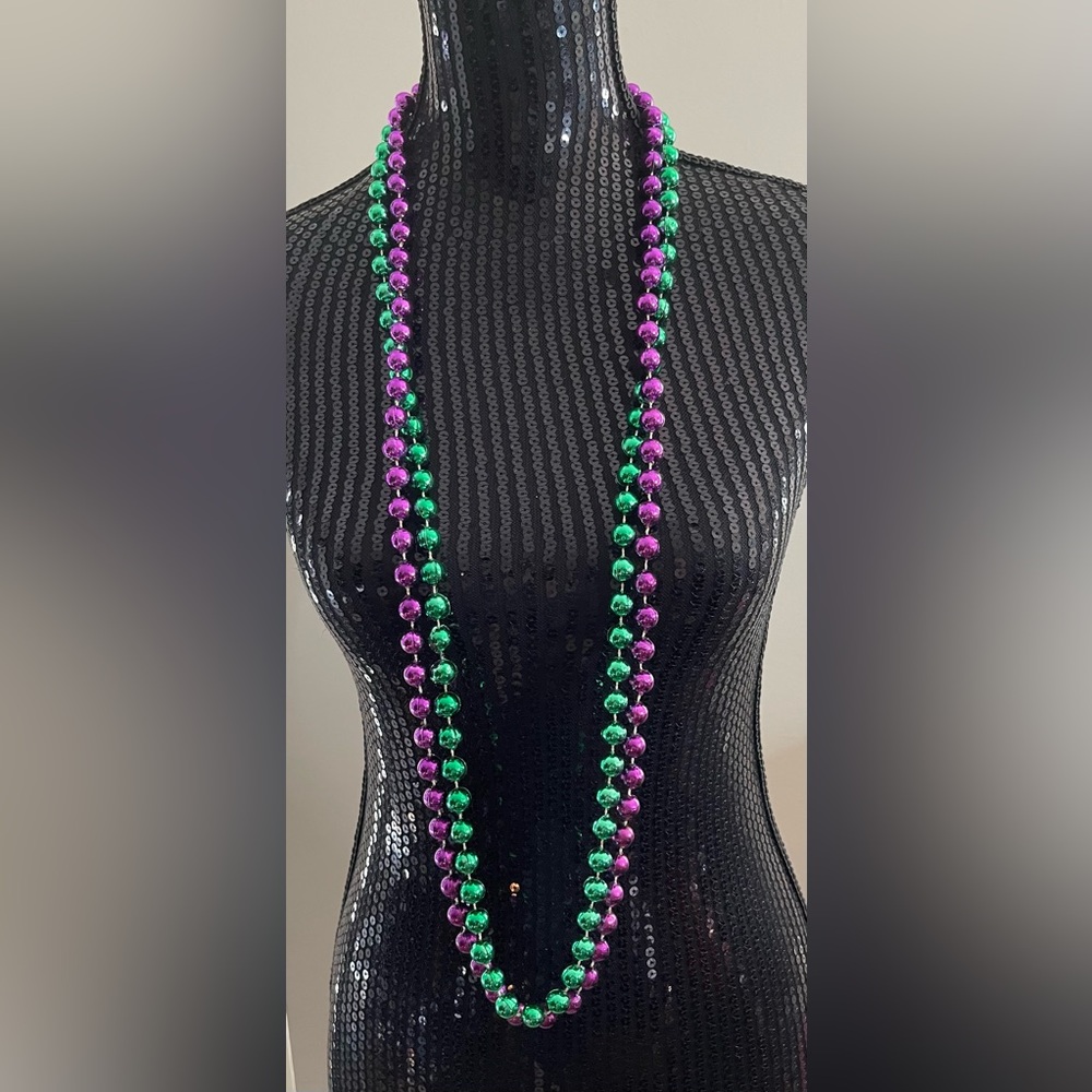 Long Metallic Mardi Gras Color Green and Purple Beaded Necklace